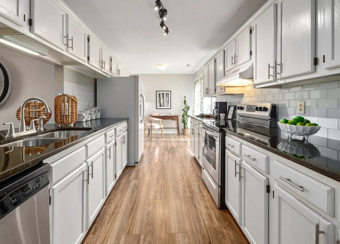 White kitchen cabinets after refinishing
