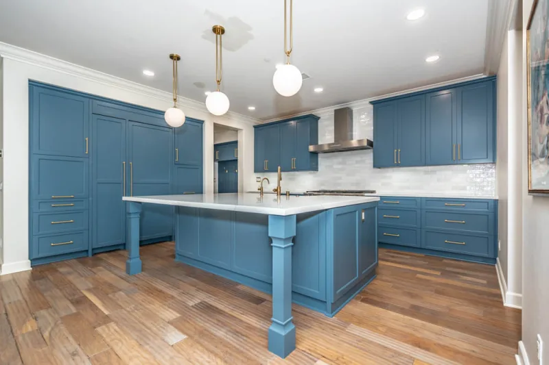 After view of blue kitchen cabinet transformation