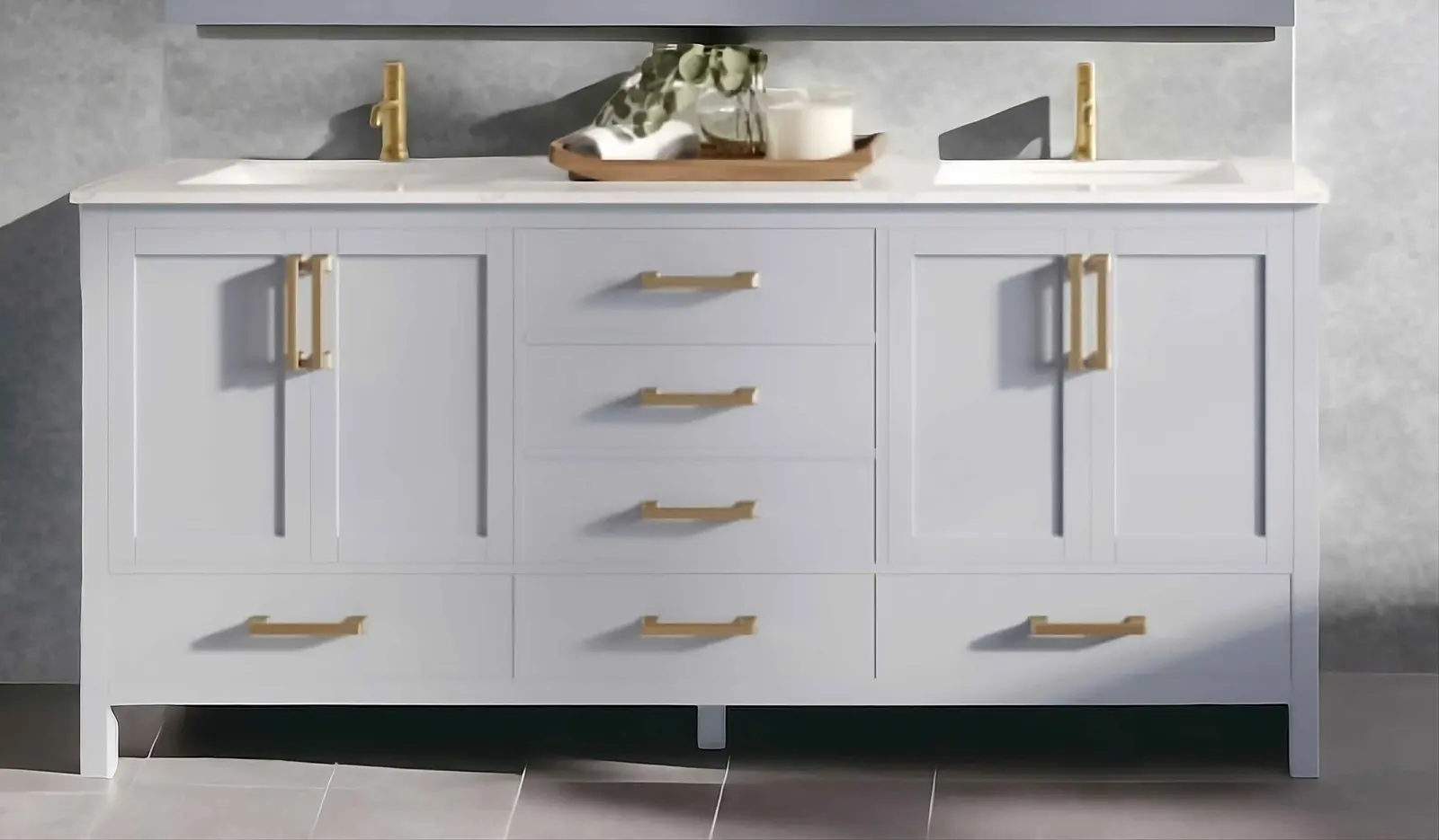 White Shaker vanity with gold hardware