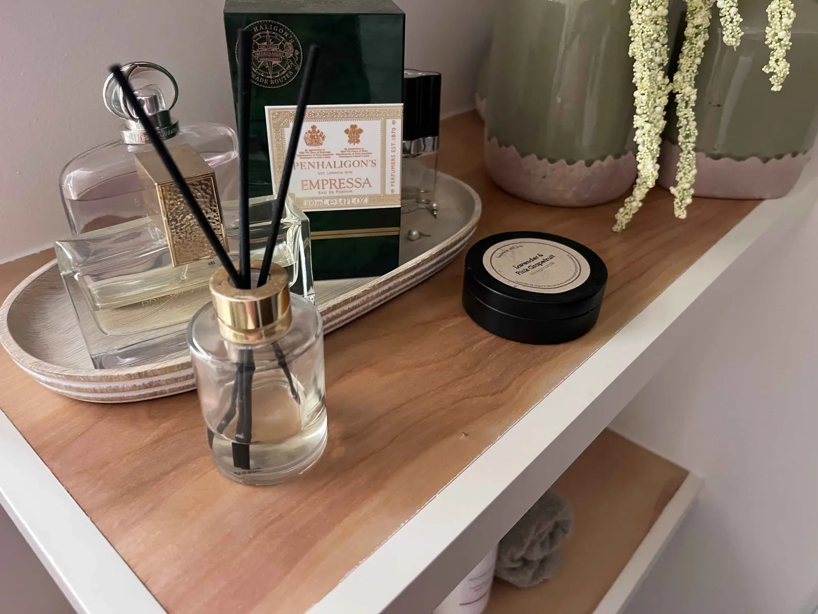 Wood accent cabinet shelf detail