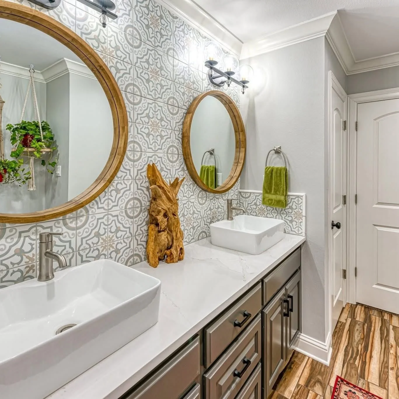 Bathroom vanity cabinetry with vessel sinks