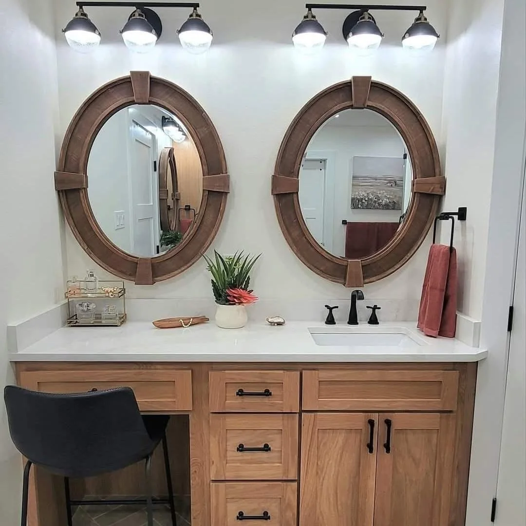 Natural wood double bathroom vanity cabinetry