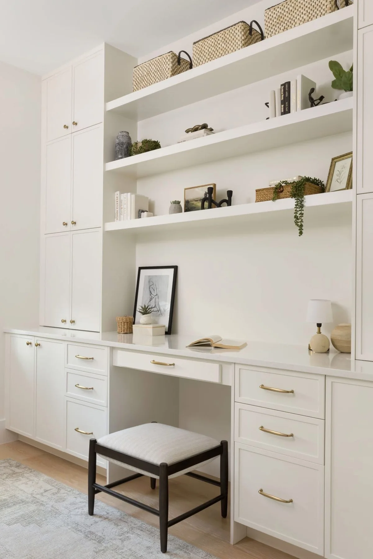 White home office built-in cabinetry