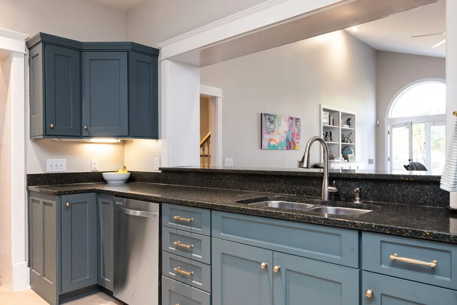Blue gray finished kitchen cabinets