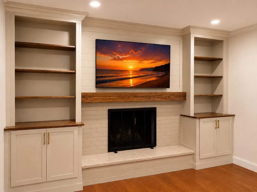 White built-in cabinets around fireplace