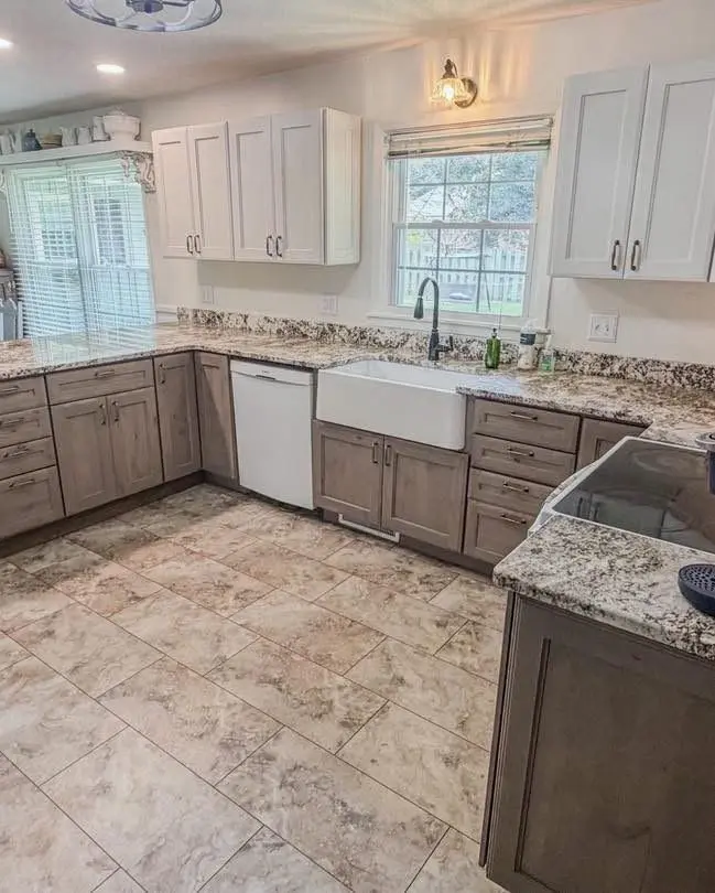 White and natural wood two tone kitchen